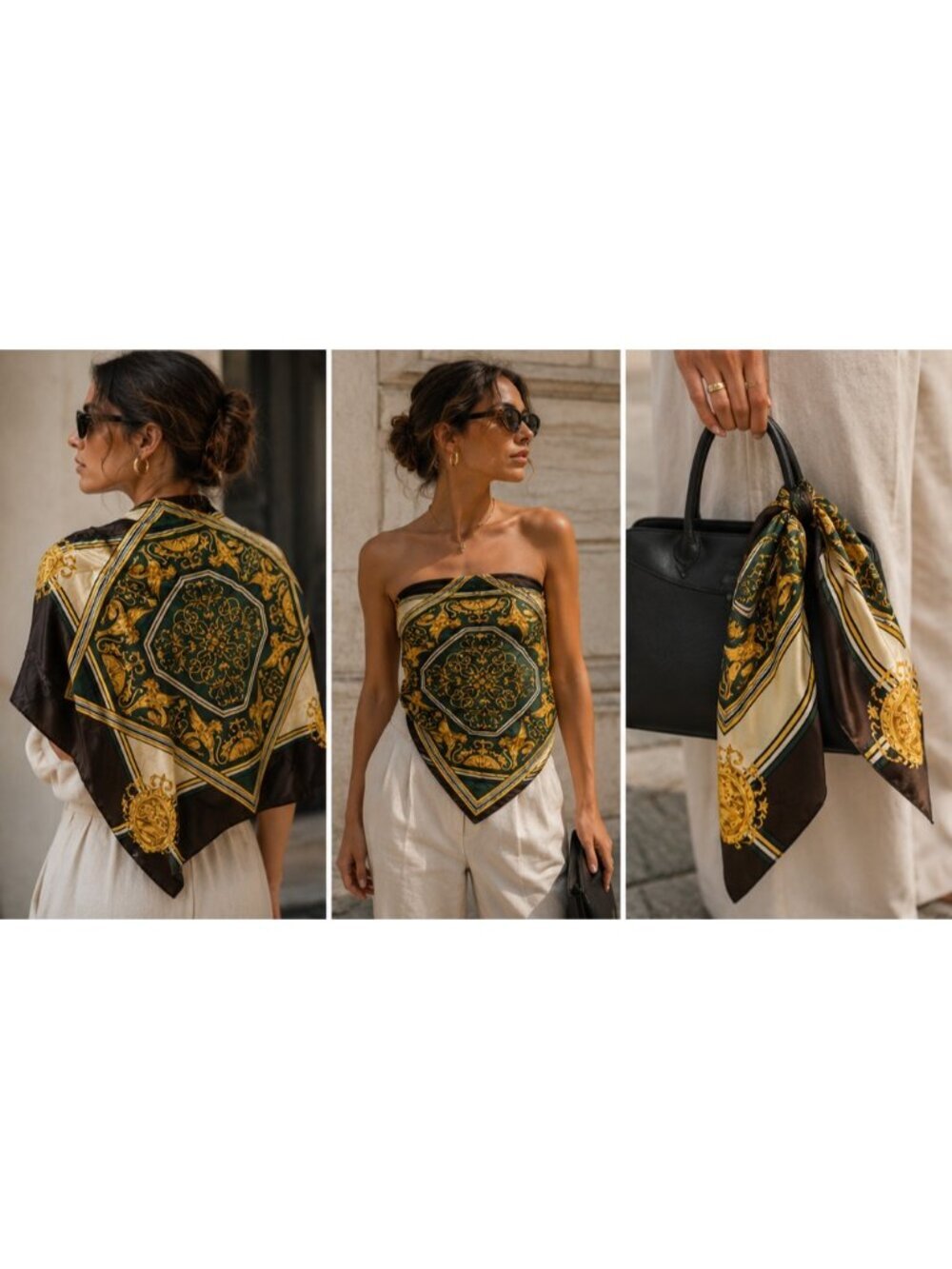 Gita Vintage Silk Scarf Baroque Griffin Medallion Green Gold Brown 30” Square